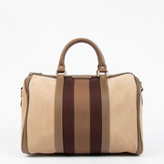 Shop this authentic Gucci Taupe Suede Web Joy Medium Boston Bag pre-loved on Labellov.com