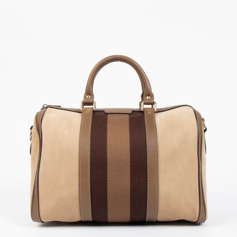 Shop this authentic Gucci Taupe Suede Web Joy Medium Boston Bag pre-loved on Labellov.com