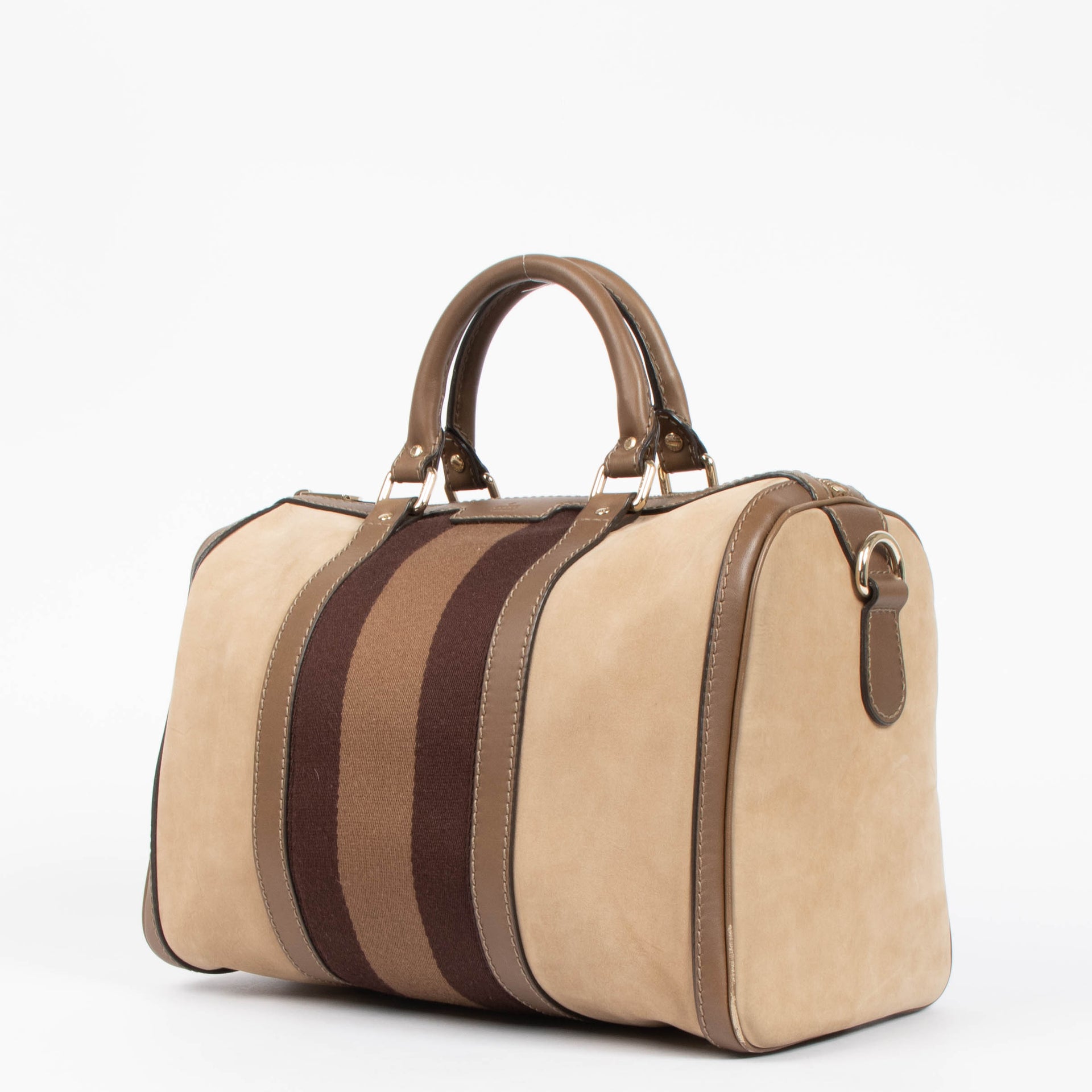 Shop this authentic Gucci Taupe Suede Web Joy Medium Boston Bag pre-loved on Labellov.com