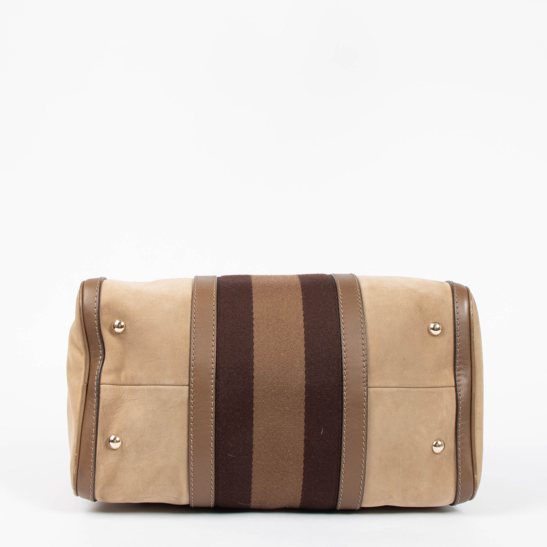 Shop this authentic Gucci Taupe Suede Web Joy Medium Boston Bag pre-loved on Labellov.com