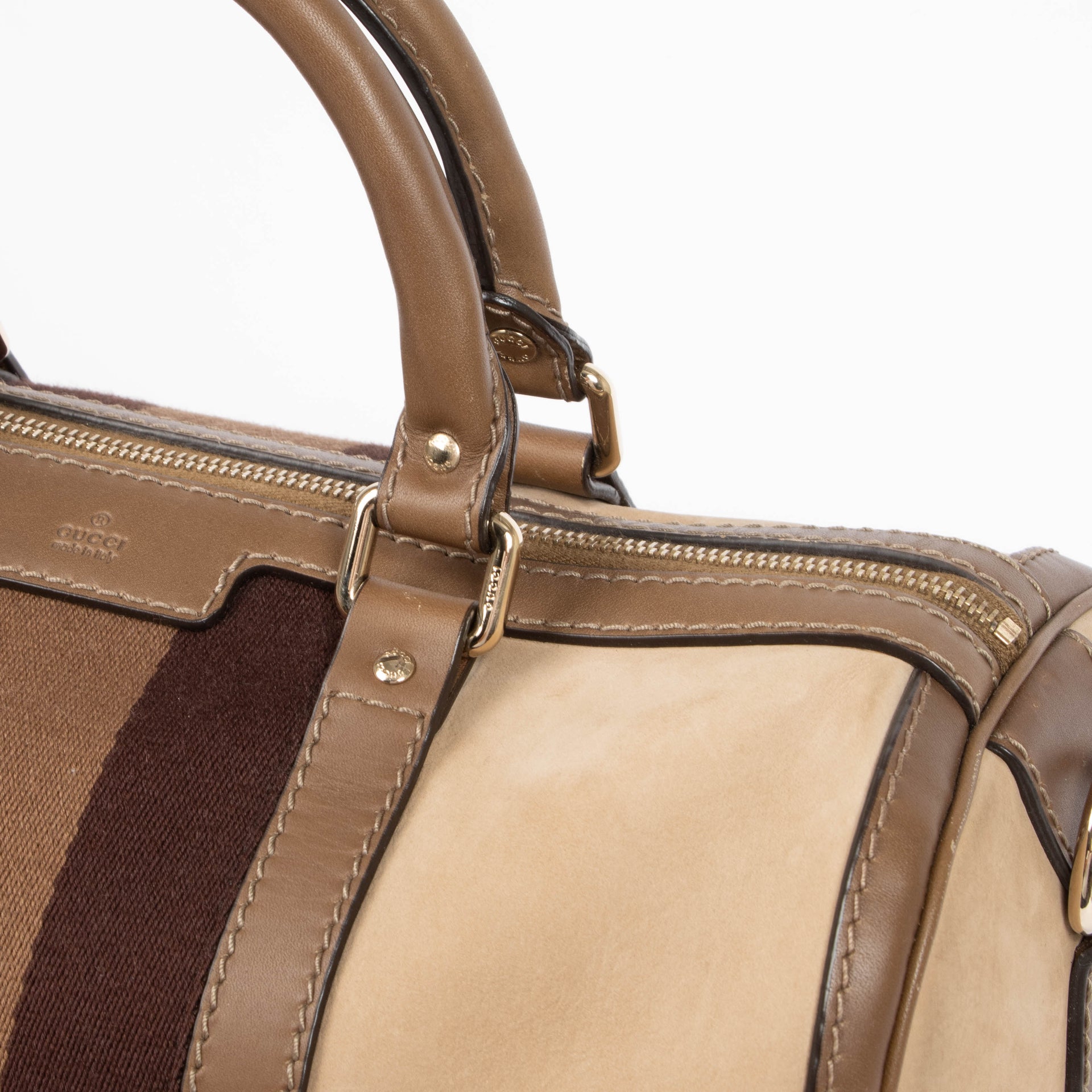 Shop this authentic Gucci Taupe Suede Web Joy Medium Boston Bag pre-loved on Labellov.com