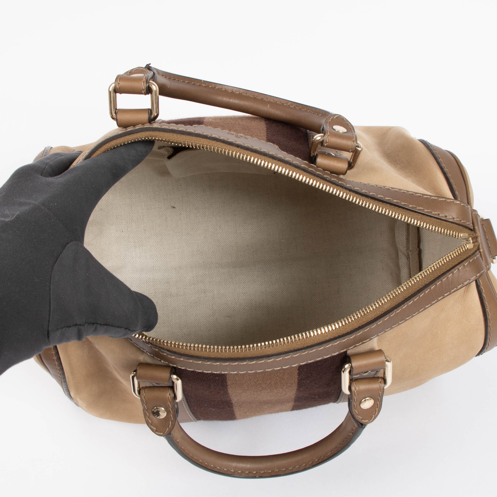 Shop this authentic Gucci Taupe Suede Web Joy Medium Boston Bag pre-loved on Labellov.com