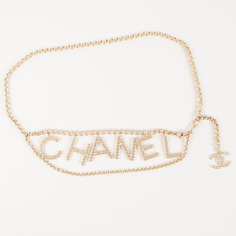 Chanel 20V Gold Tone Crystal CC Logo Chain Belt