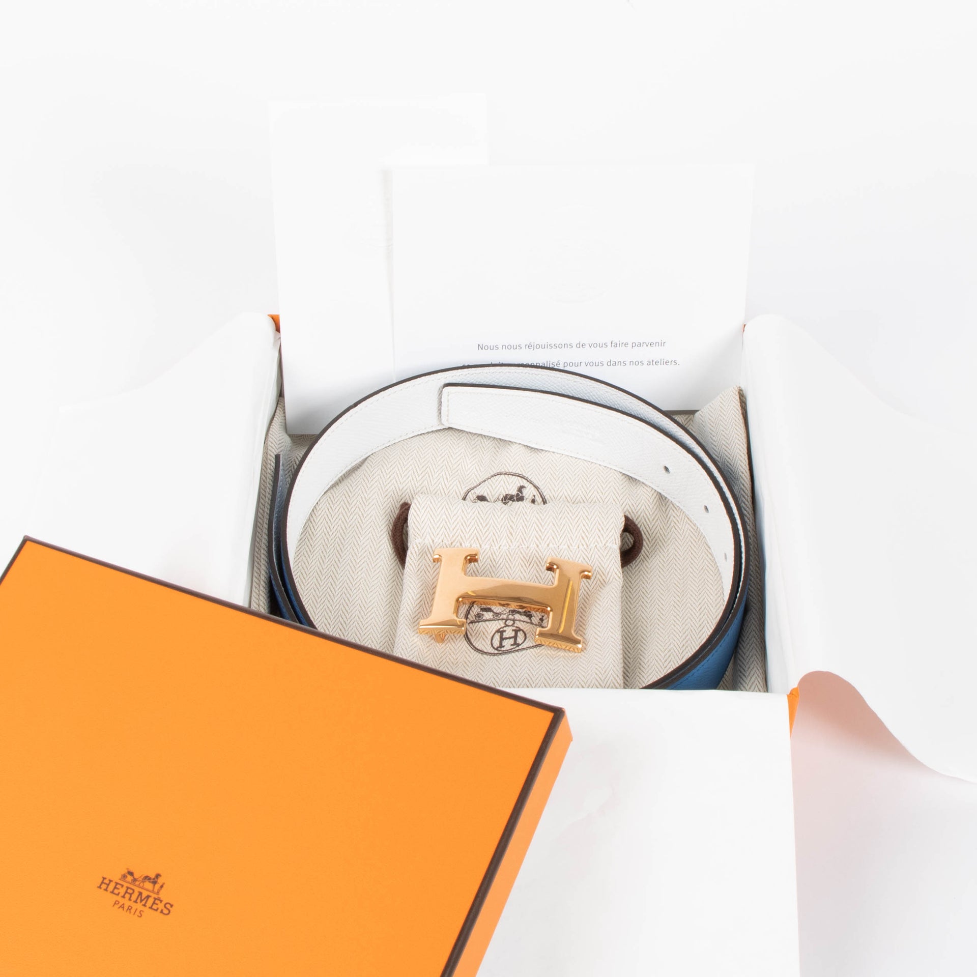Hermes Reversible Mykonos/White Epsom H Buckle Belt - Size 80