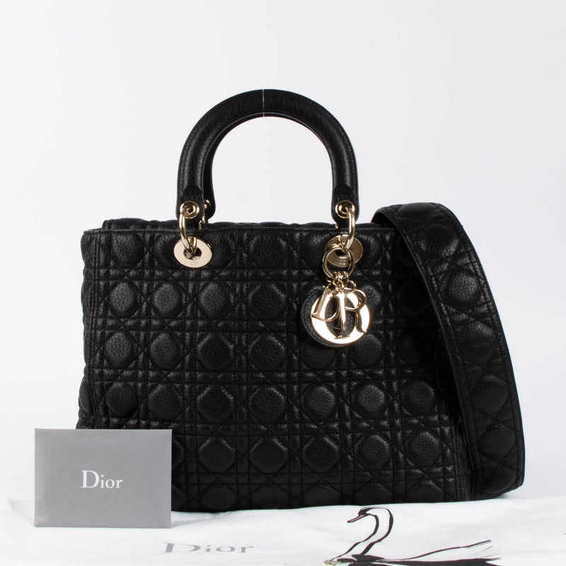 Christian Dior Black Cannage Calfskin Supple Large Lady Dior Bag