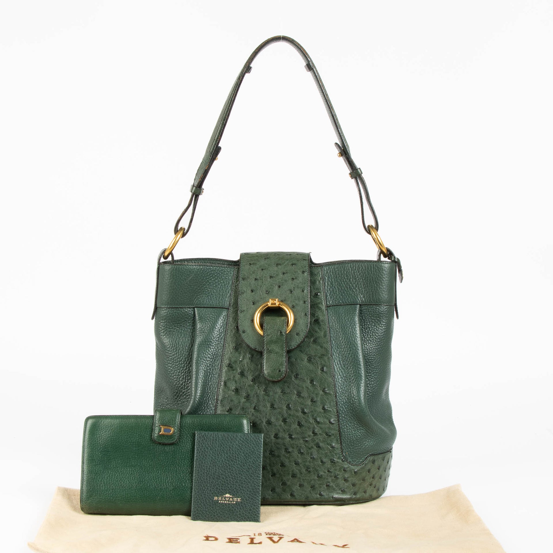 Shop this authentic Delvaux Green Ostrich Vintage Shoulder Bag pre-loved on Labellov.com 