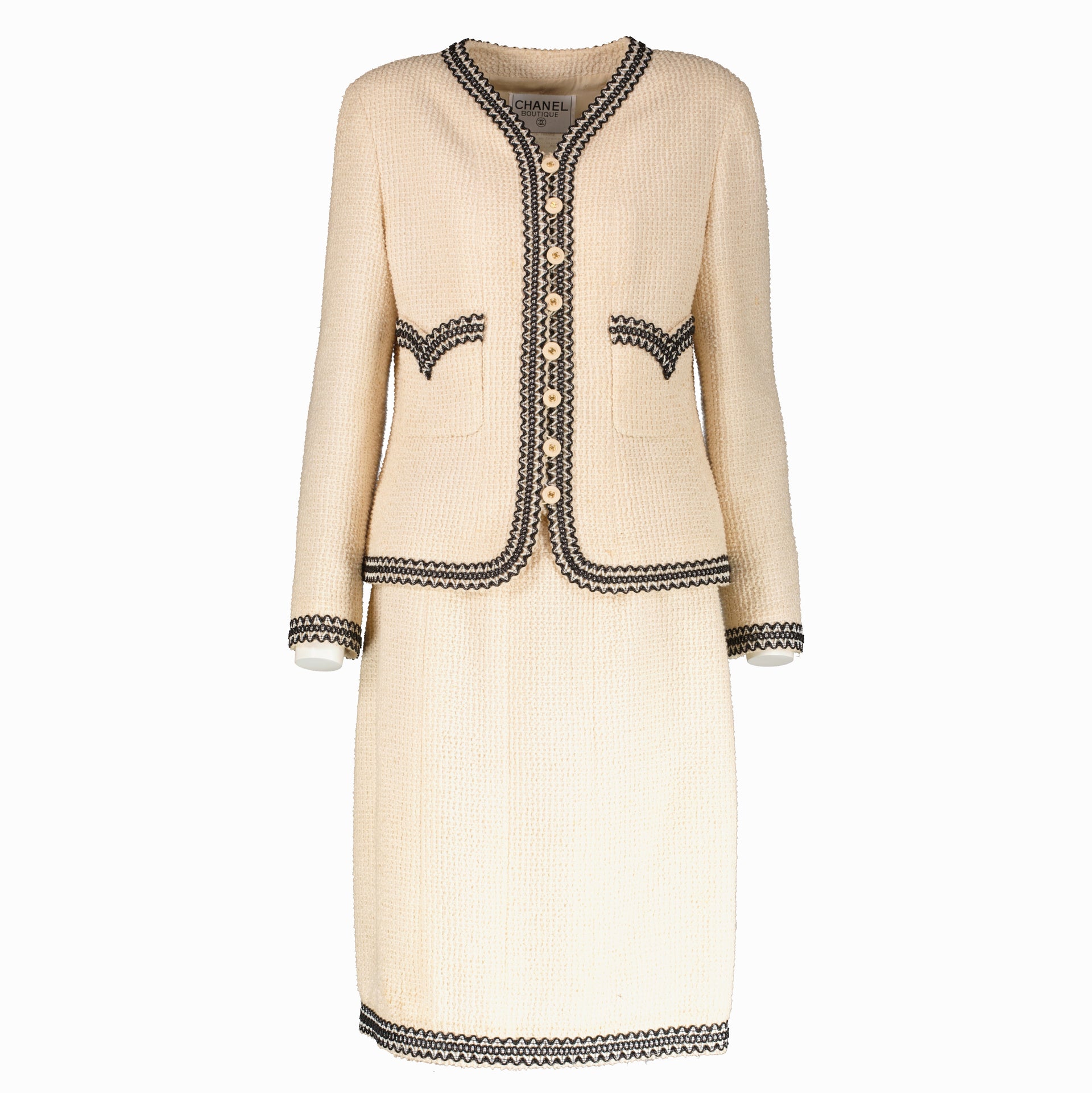 Shop this 100% authentic Chanel 94P Beige Tweed Jacket/Skirt Set at Labellov.com