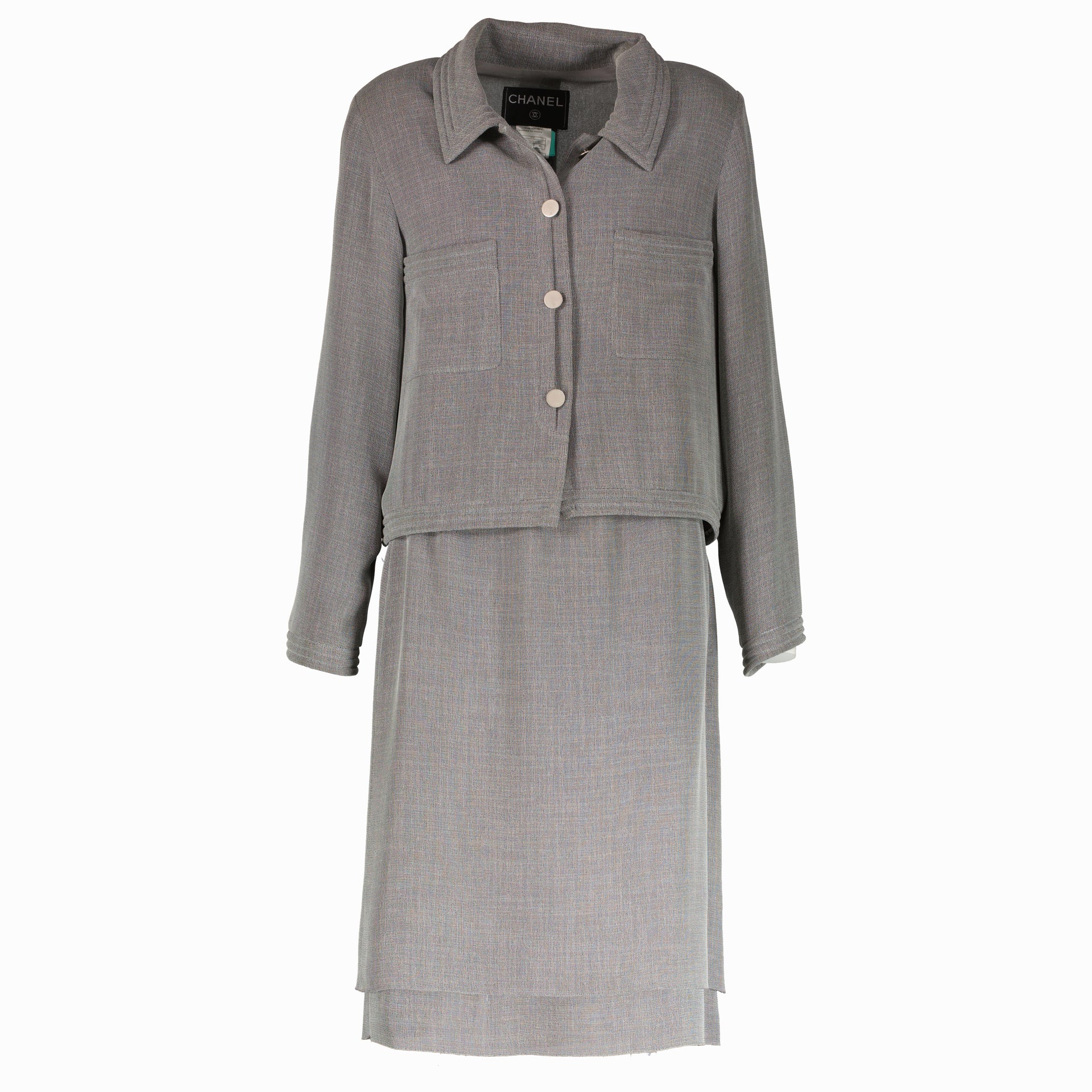 Shop the authentic Chanel 99P Grey Jacket/Skirt Set second hand on Labellov.com