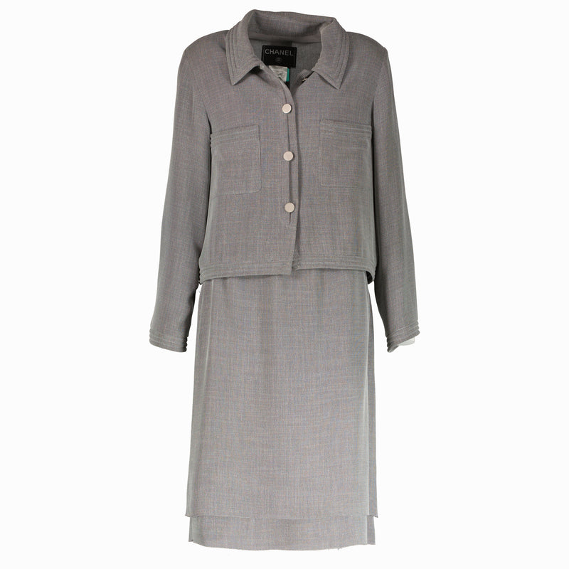 Shop the authentic Chanel 99P Grey Jacket/Skirt Set second hand on Labellov.com