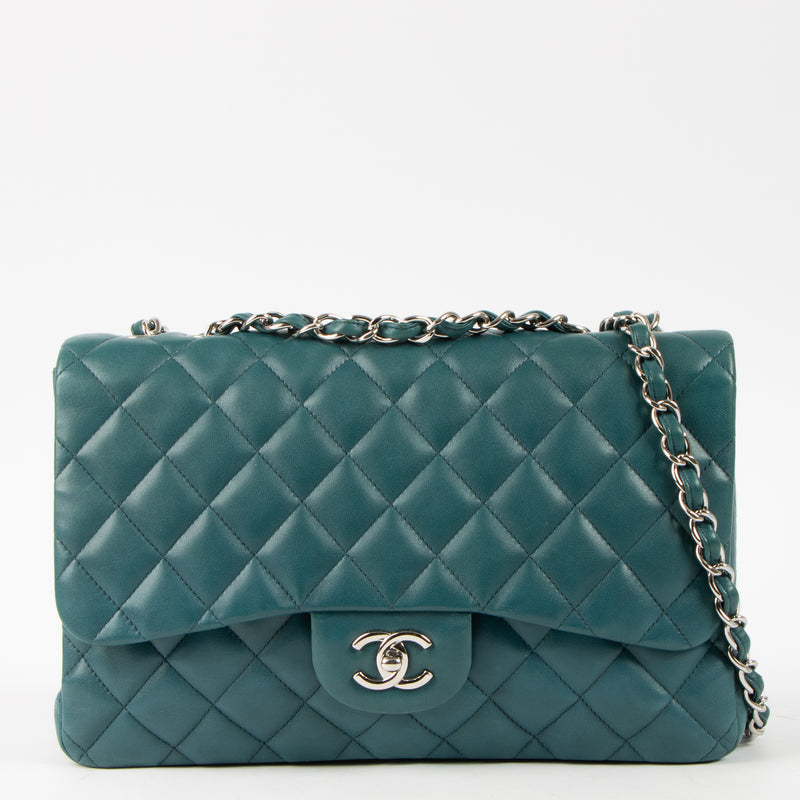 Shop this authentic luxury Chanel Teal Lambskin Large/Jumbo Classic Single Flap Bag pre-loved on Labellov.com