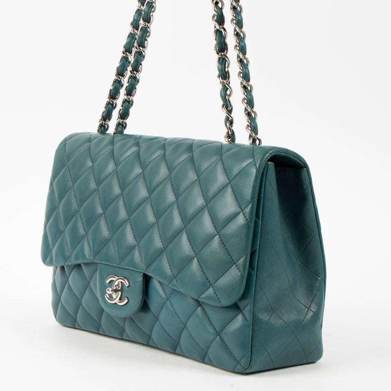 Shop this authentic luxury Chanel Teal Lambskin Large/Jumbo Classic Single Flap Bag pre-loved on Labellov.com