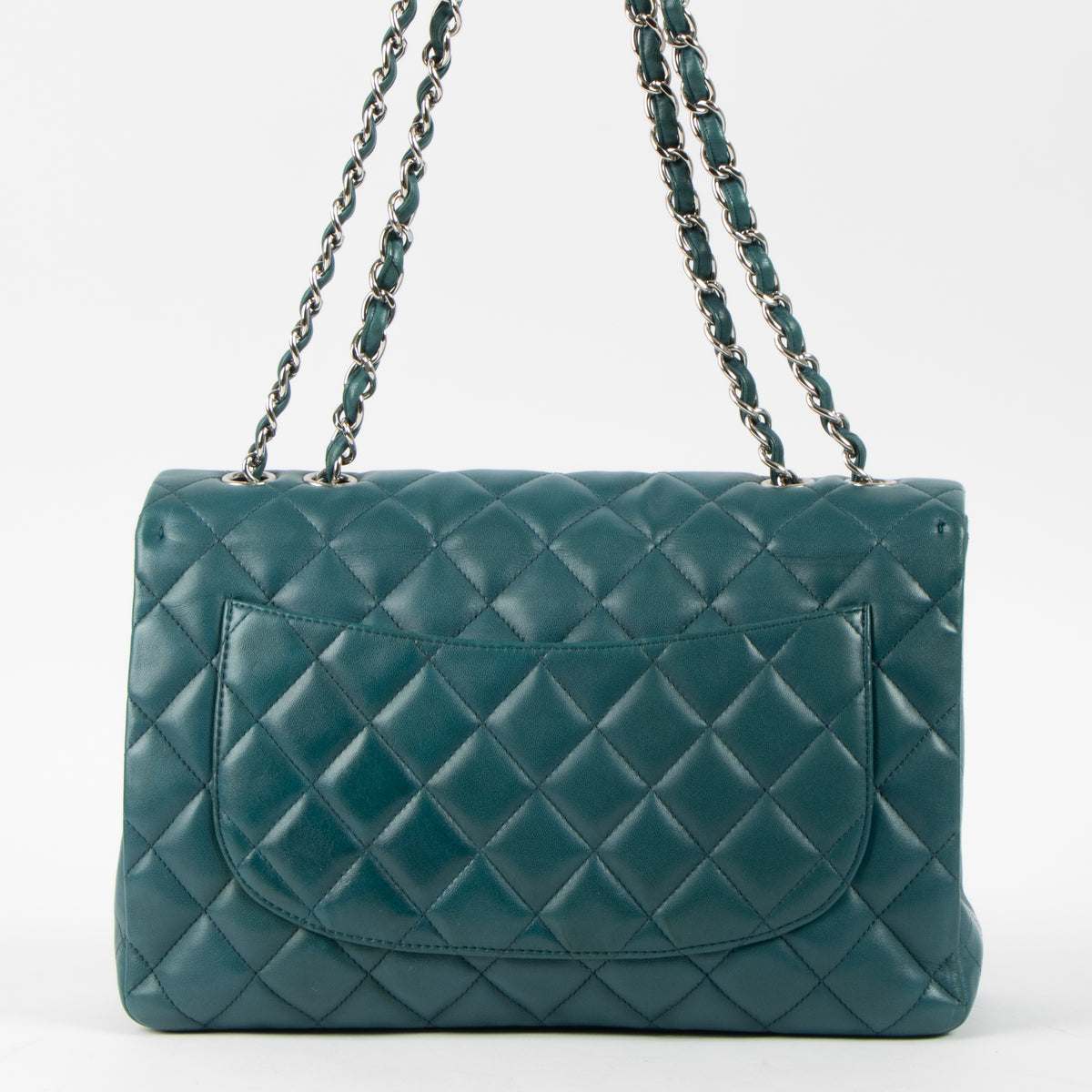 Shop this authentic luxury Chanel Teal Lambskin Large/Jumbo Classic Single Flap Bag pre-loved on Labellov.com