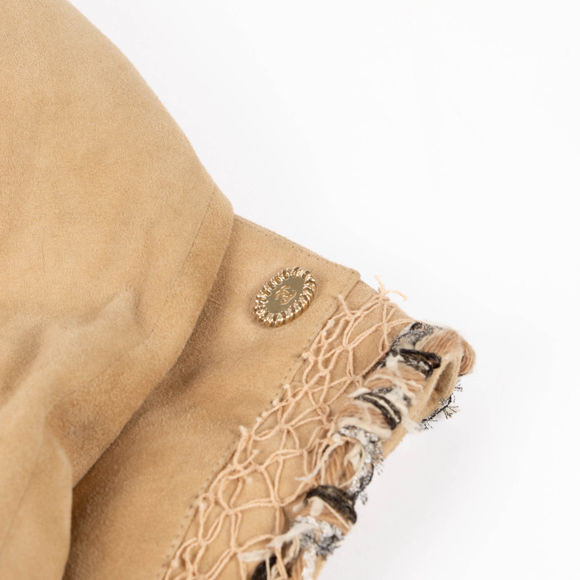 Shop this authentic Chanel Camel Suede Jacket - size 42  pre-loved on Labellov.com 
