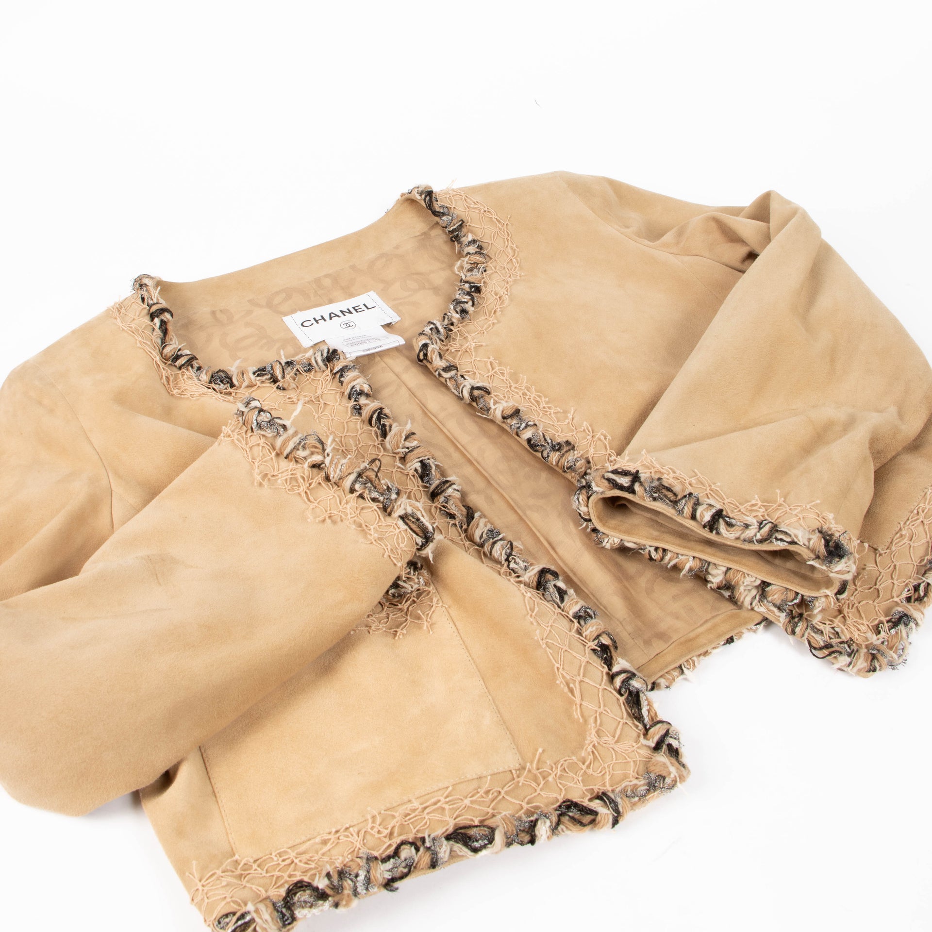 Shop this authentic Chanel Camel Suede Jacket - size 42  pre-loved on Labellov.com 