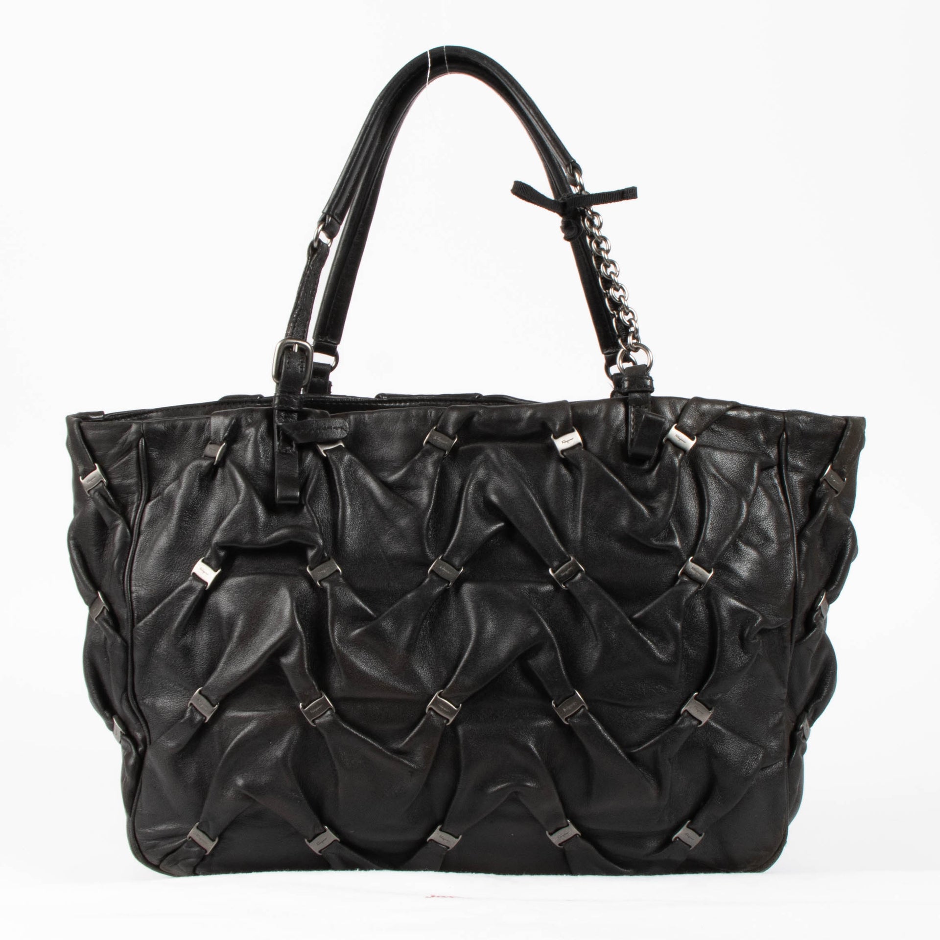 Ferragamo Black Vara Gathered Leather Shopper Bag