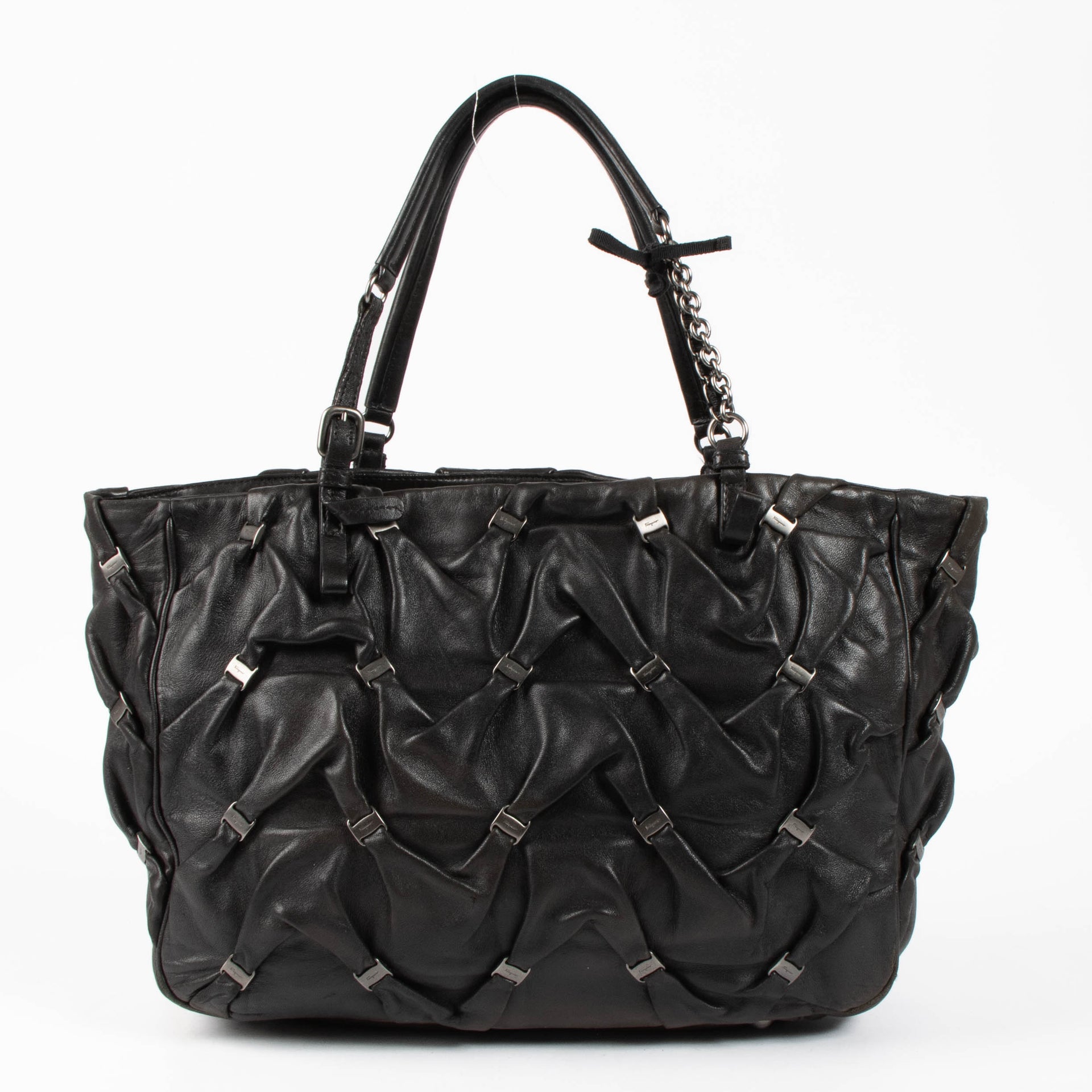 Ferragamo Black Vara Gathered Leather Shopper Bag