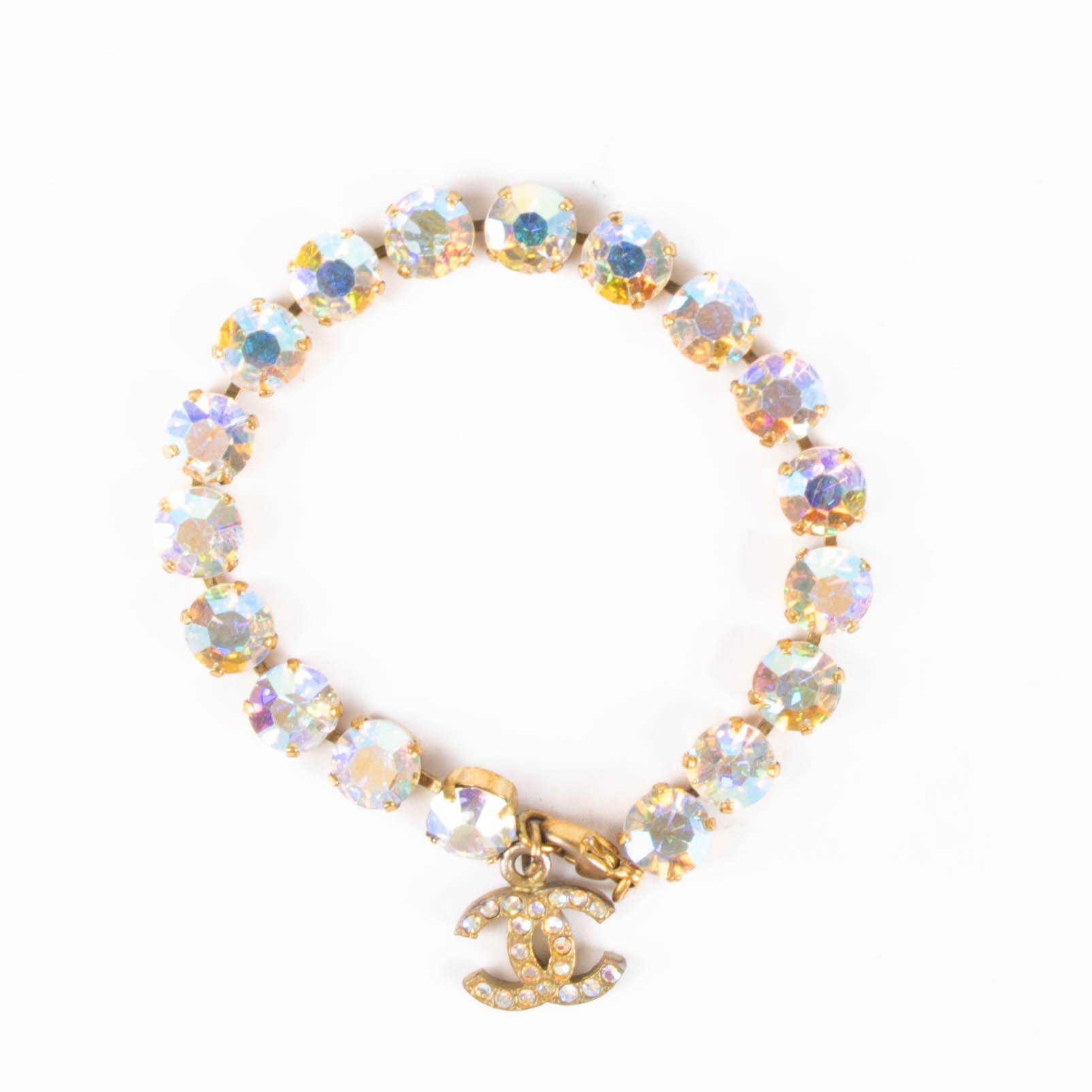 Shop this authentic Chanel 95P Barbie Gold Crystel Anklet/Bracelet pre-loved on Labellov.com