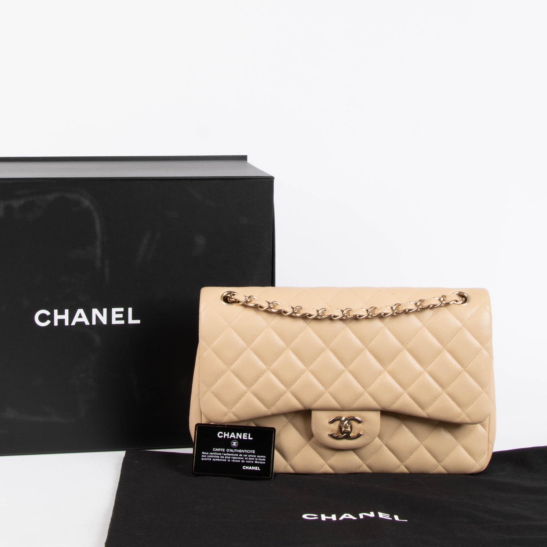 Chanel Beige Cavair Large/Jumbo Classic Handbag