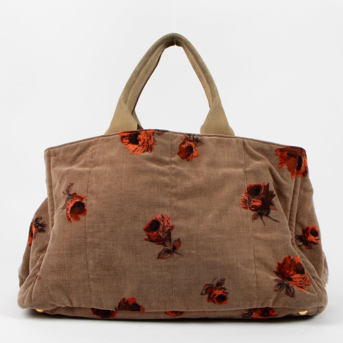 Shop the authentic Prada Brown Floral Print Velvet Large Tote Bag second hand on Labellov.com!
