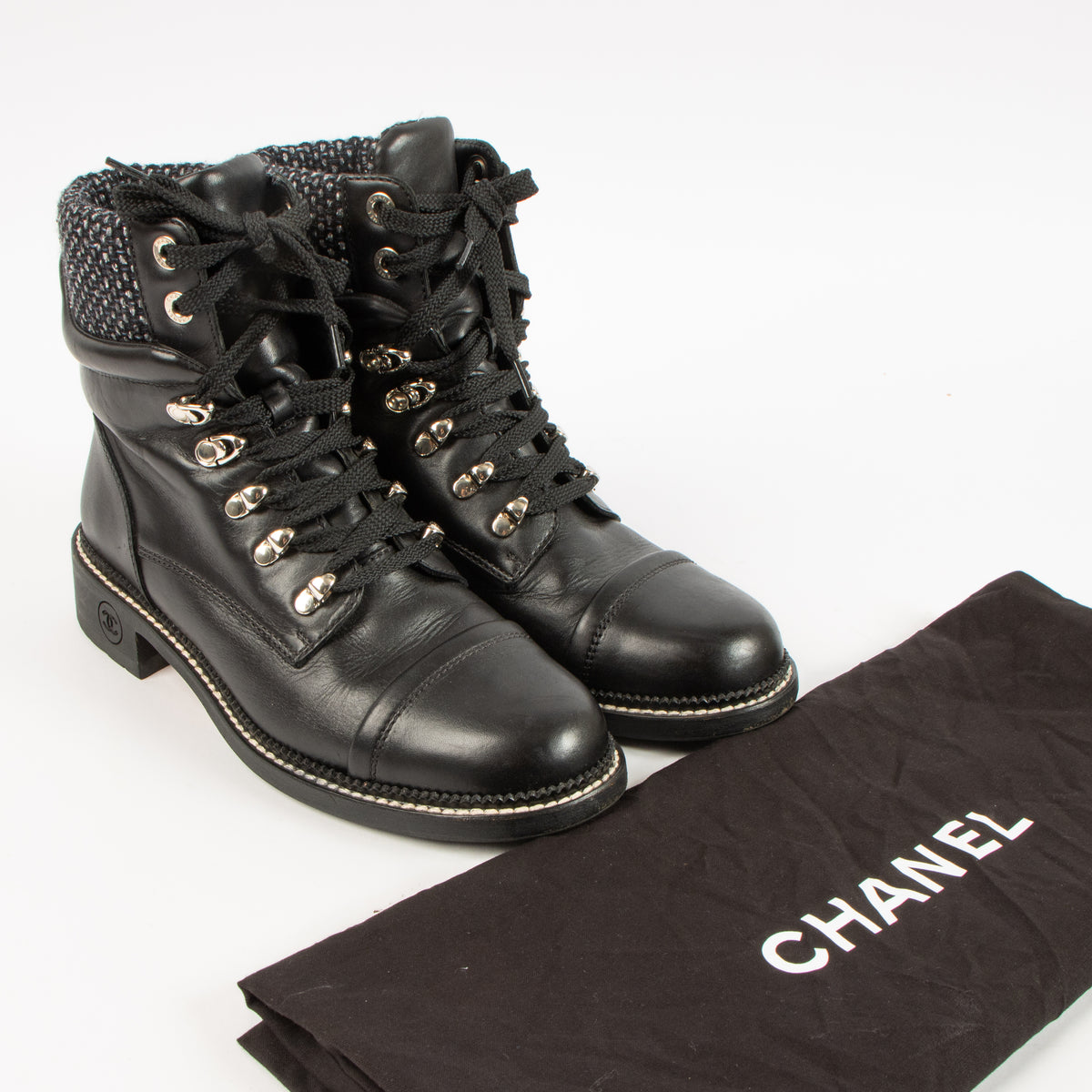 Shop this authentic Chanel 15A Black Combat Boots Size - 39 Pre-Loved on Labellov.com