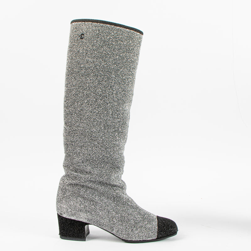 Shop this authentic Chanel 17K Silver Glitter Milky Way High Boots Size - 37 Pre-Loved on Labellov.com