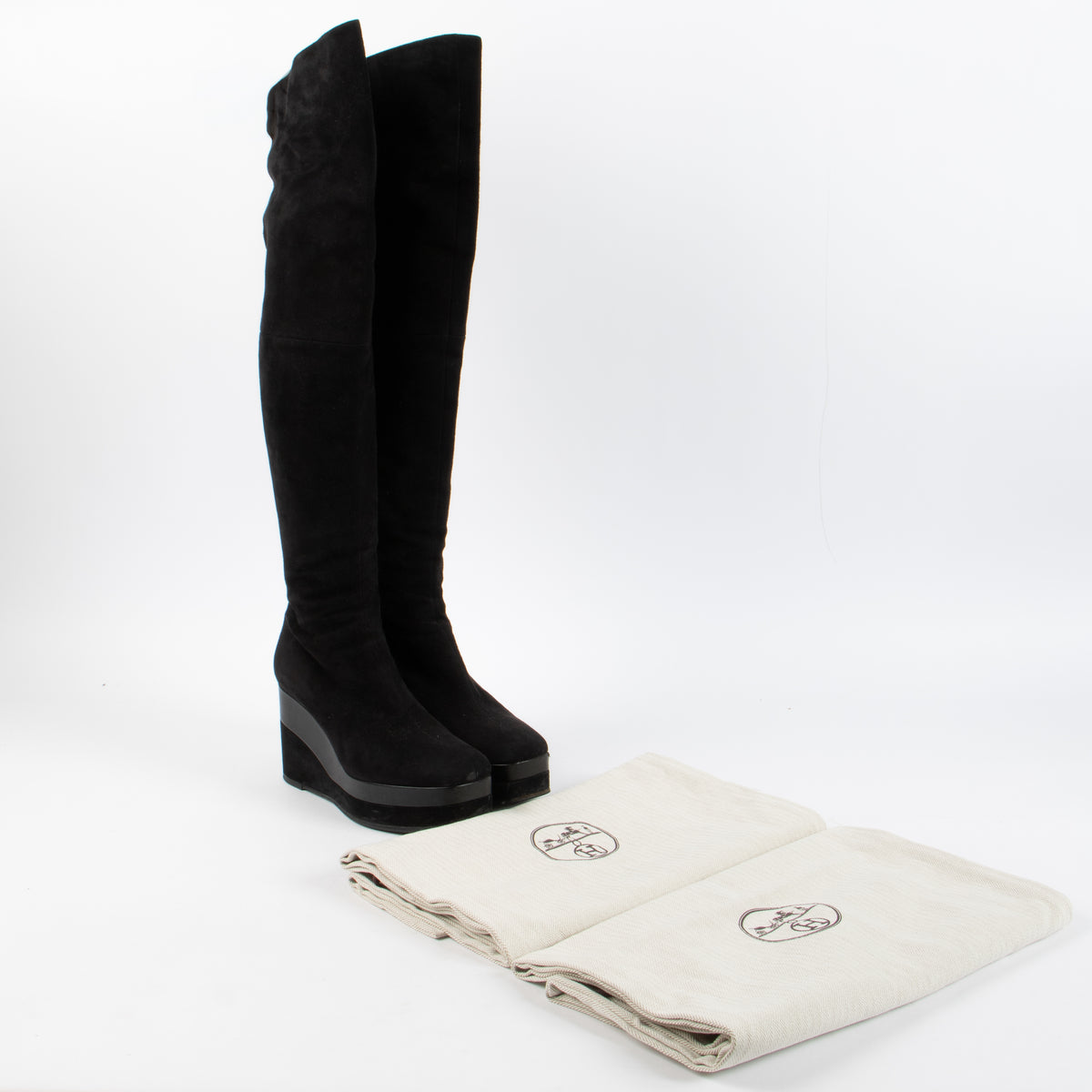 Shop this authentic Hermes Black Suede High Wedge Boots- Size 38 pre-loved on Labellov.com