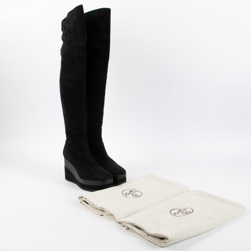 Shop this authentic Hermes Black Suede High Wedge Boots- Size 38 pre-loved on Labellov.com