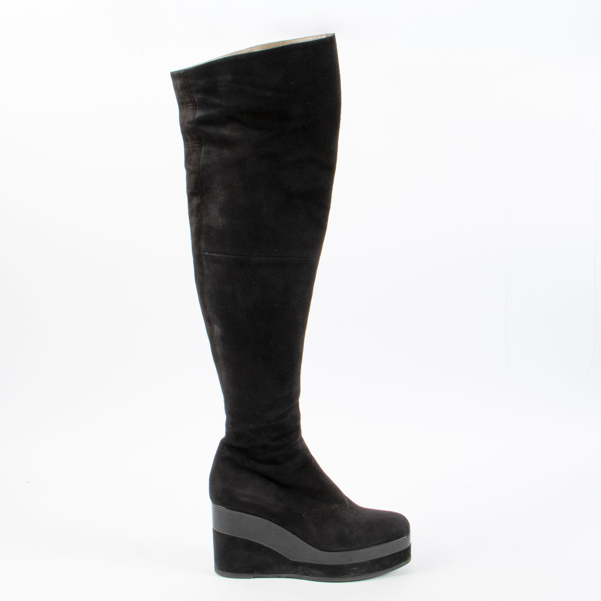 Shop this authentic Hermes Black Suede High Wedge Boots- Size 38 pre-loved on Labellov.com