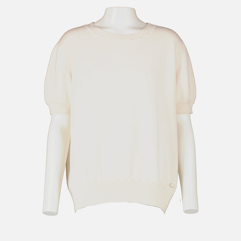 Chanel Cream Pearl Embellished Sweater - Size 40
