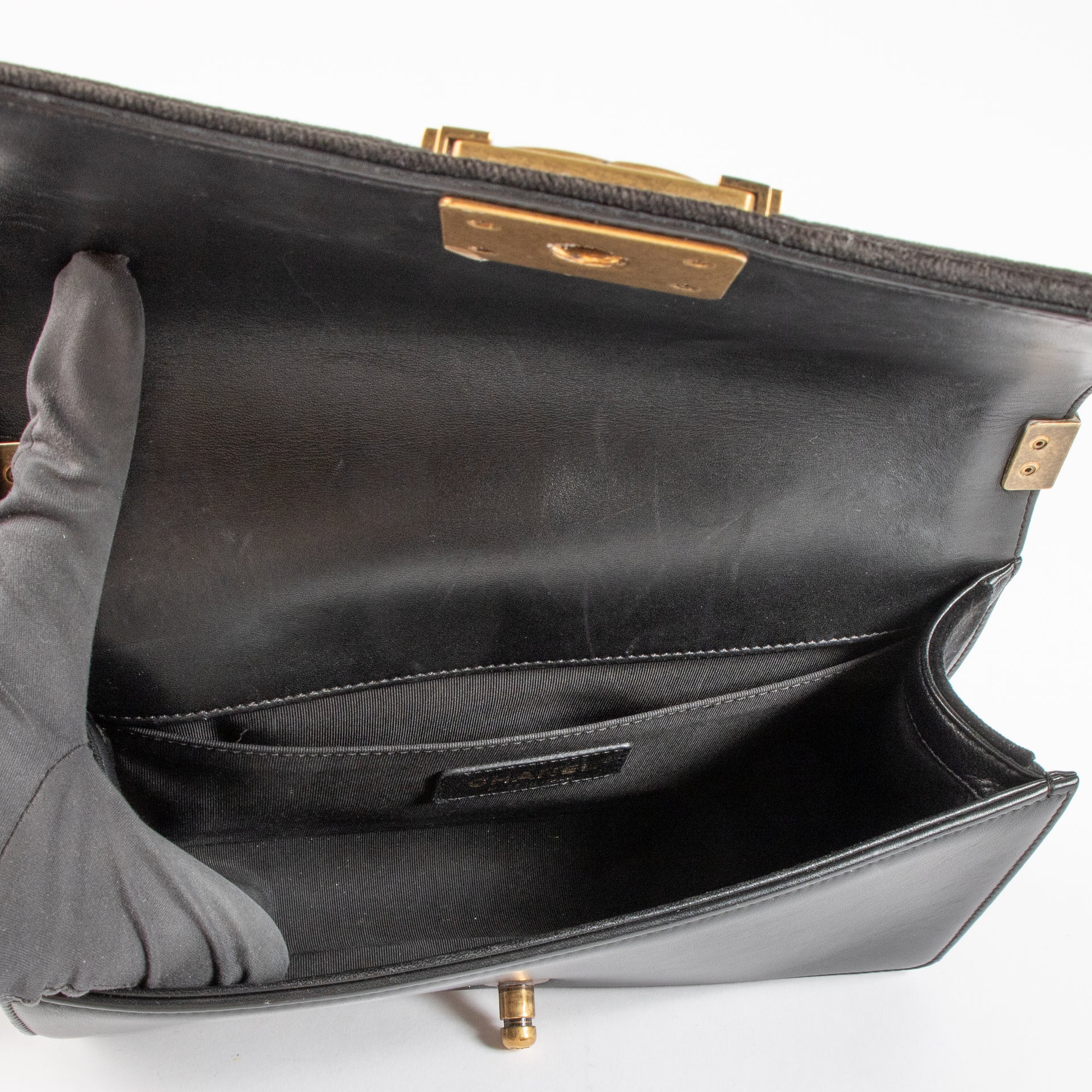 Shop the authentic Chanel Black Velvet Chevron Medium Boy Chanel Bag on Labellov.com !