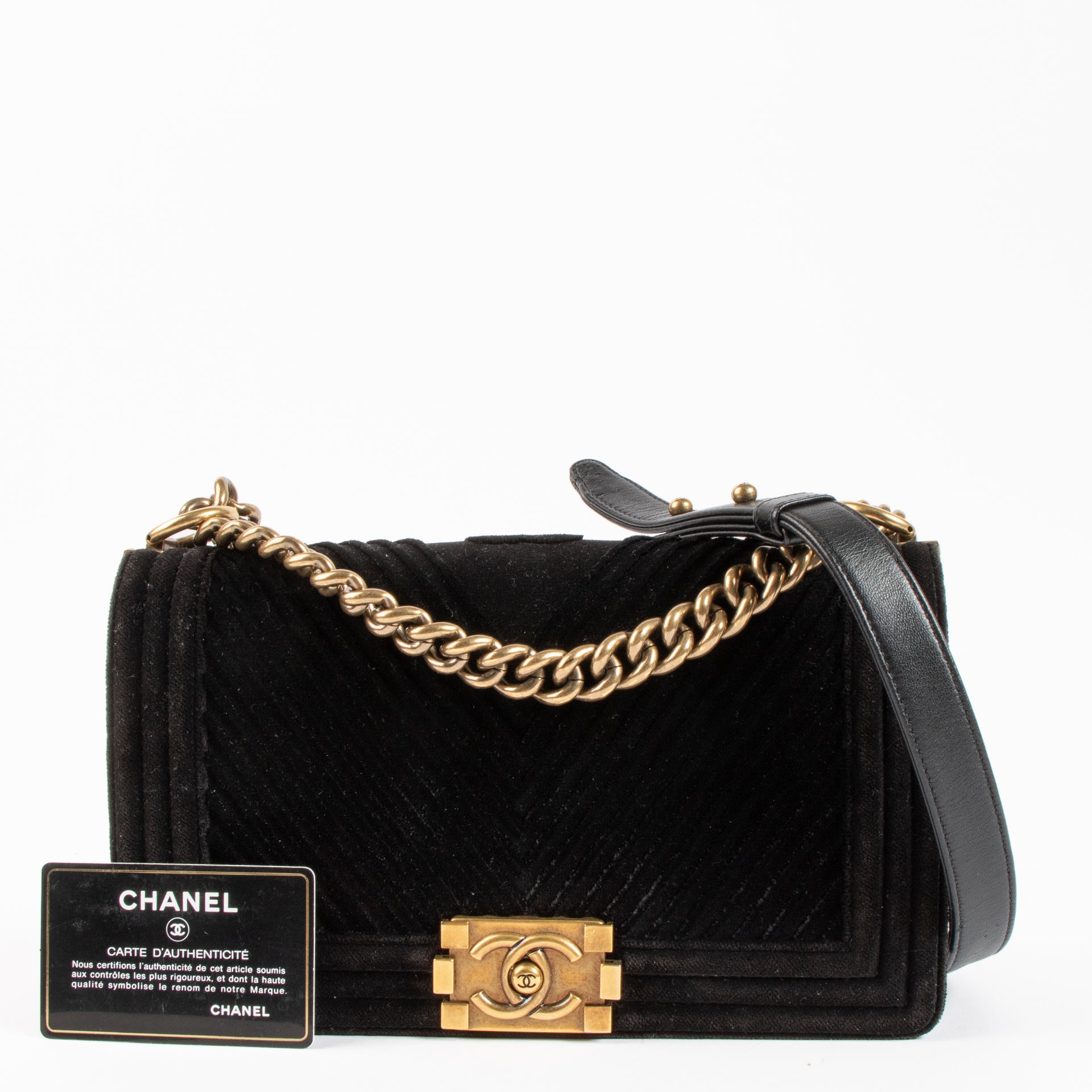 Shop the authentic Chanel Black Velvet Chevron Medium Boy Chanel Bag on Labellov.com !