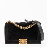 Shop the authentic Chanel Black Velvet Chevron Medium Boy Chanel Bag on Labellov.com !