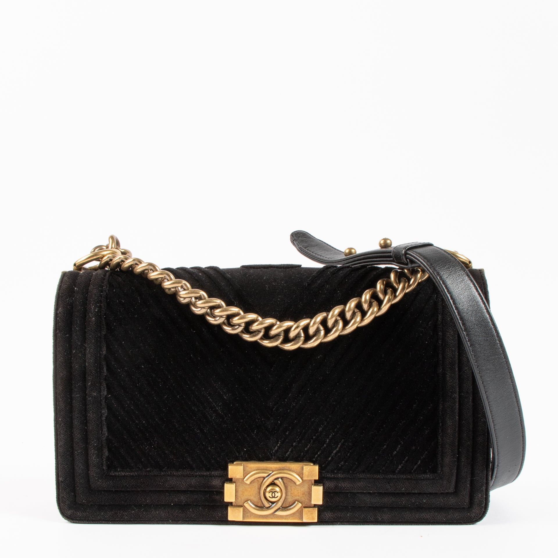 Shop the authentic Chanel Black Velvet Chevron Medium Boy Chanel Bag on Labellov.com !