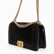 Shop the authentic Chanel Black Velvet Chevron Medium Boy Chanel Bag on Labellov.com !