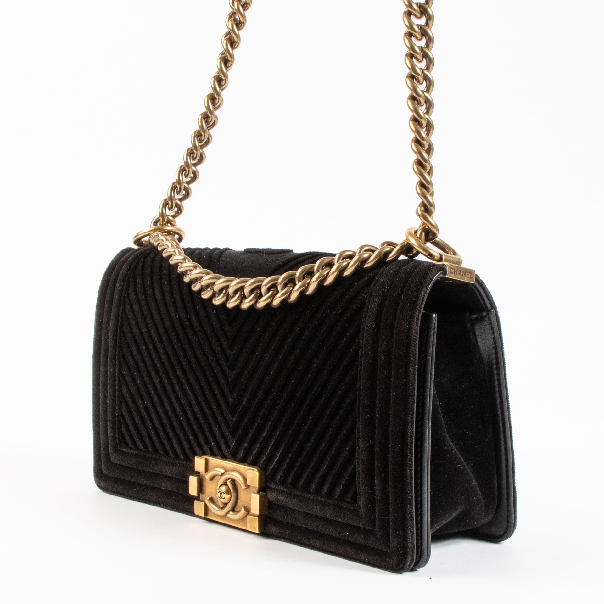 Shop the authentic Chanel Black Velvet Chevron Medium Boy Chanel Bag on Labellov.com !