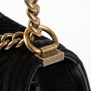 Shop the authentic Chanel Black Velvet Chevron Medium Boy Chanel Bag on Labellov.com !