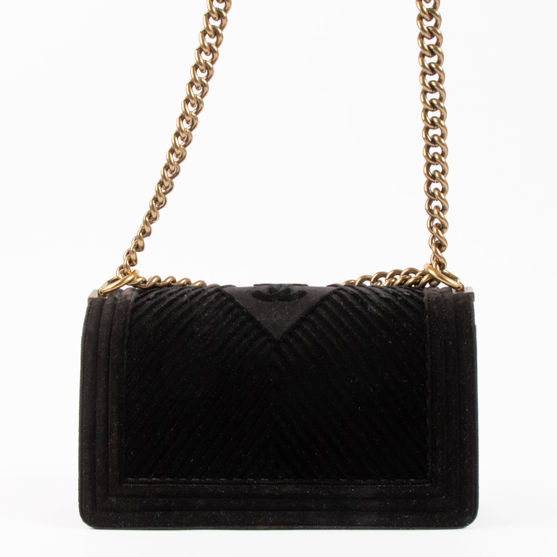 Shop the authentic Chanel Black Velvet Chevron Medium Boy Chanel Bag on Labellov.com !