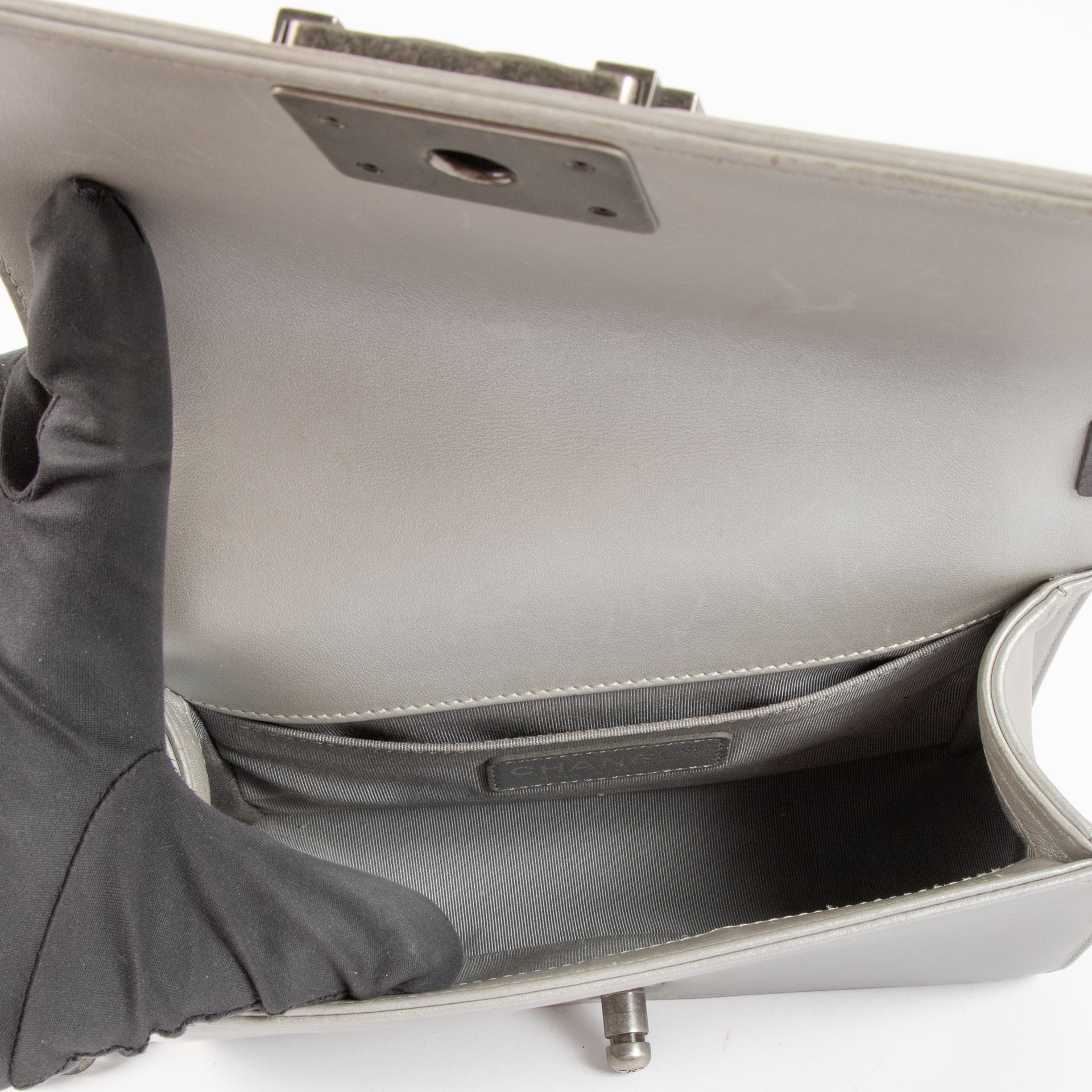Shop the authentic Chanel Silver Calfskin Small Boy Chanel Bag on Labellov.com !