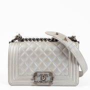 Shop the authentic Chanel Silver Calfskin Small Boy Chanel Bag on Labellov.com !