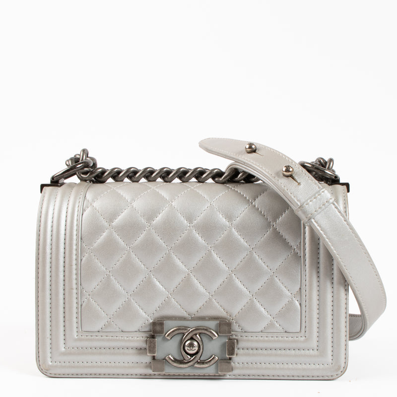 Shop the authentic Chanel Silver Calfskin Small Boy Chanel Bag on Labellov.com !
