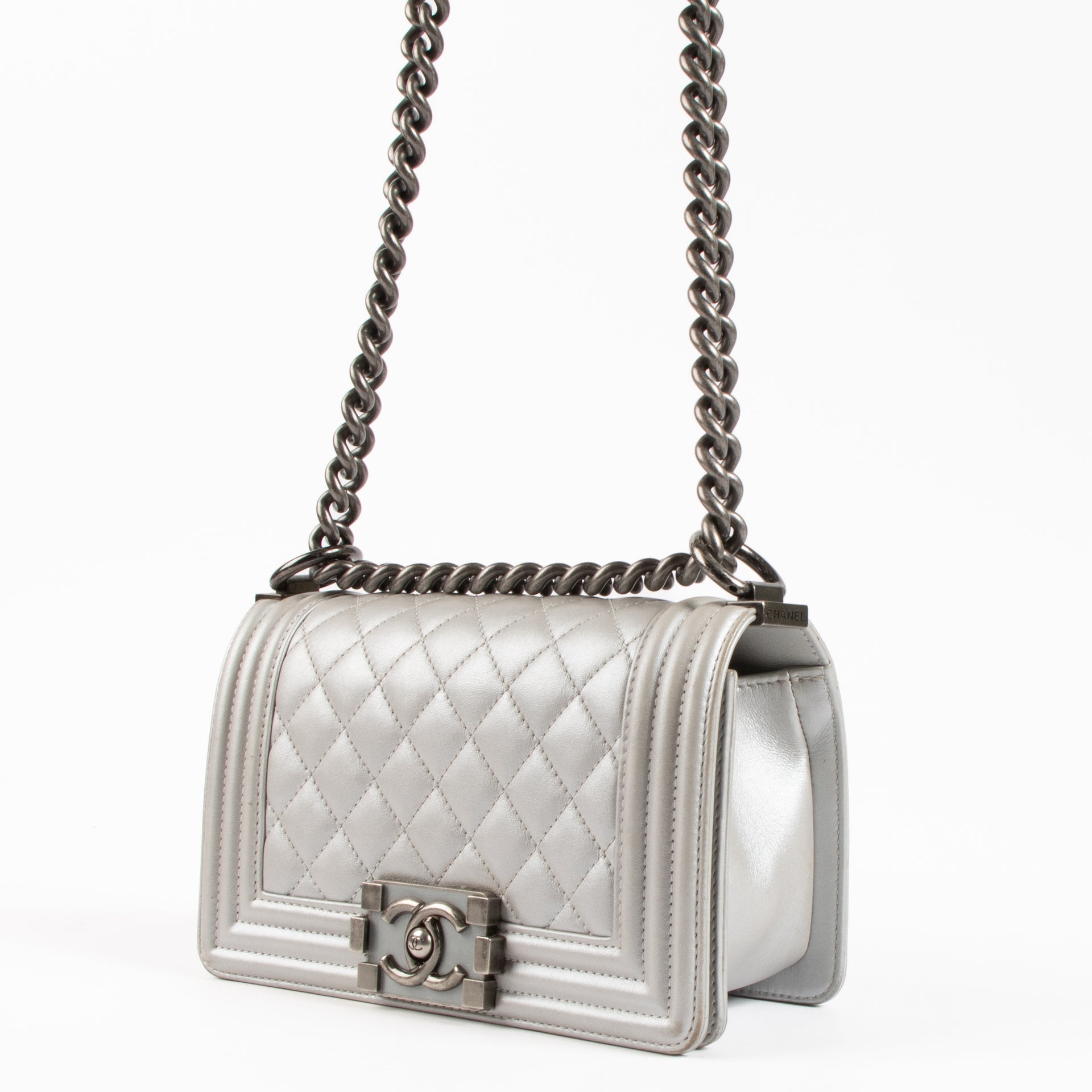 Shop the authentic Chanel Silver Calfskin Small Boy Chanel Bag on Labellov.com !