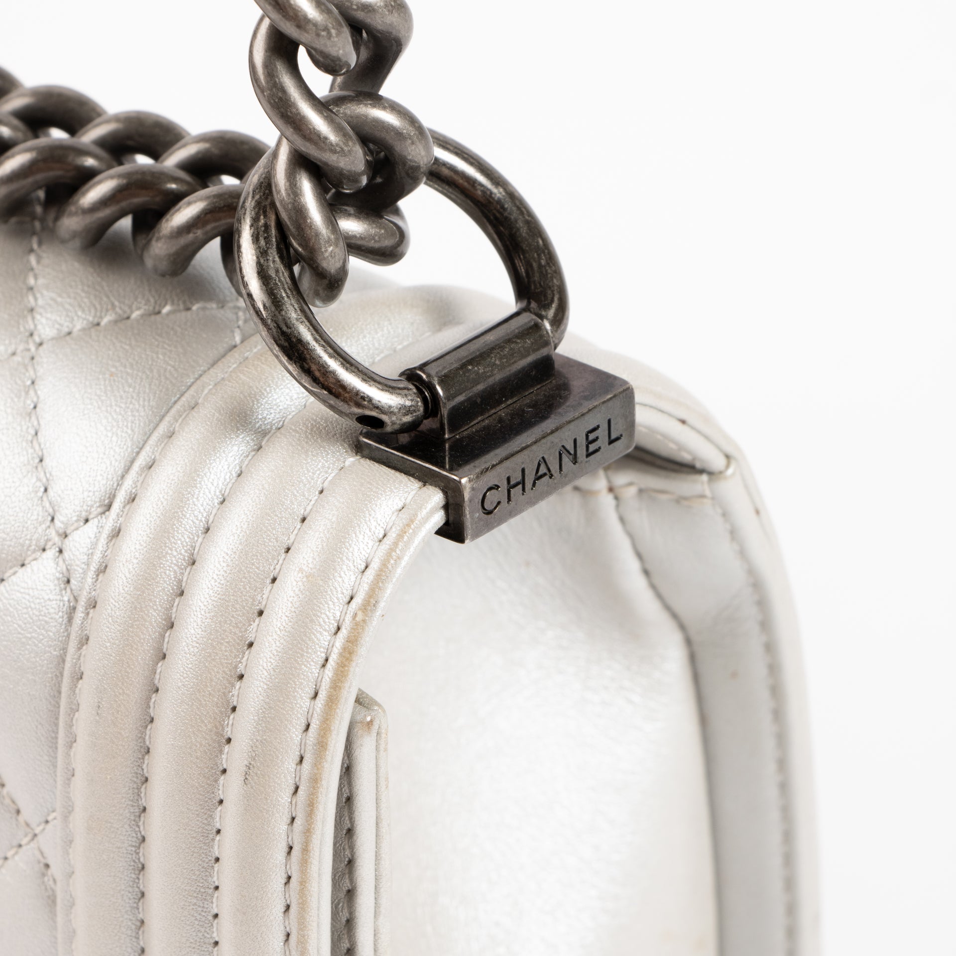 Shop the authentic Chanel Silver Calfskin Small Boy Chanel Bag on Labellov.com !