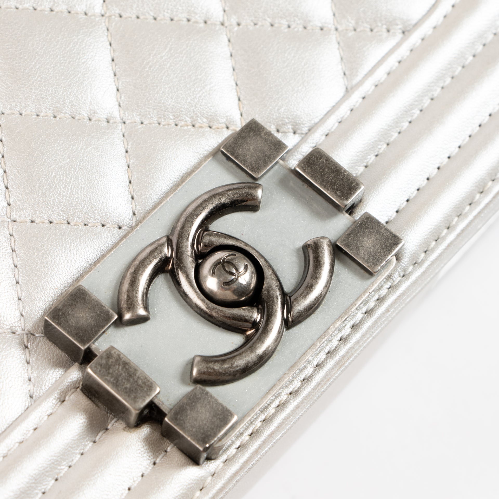 Shop the authentic Chanel Silver Calfskin Small Boy Chanel Bag on Labellov.com !