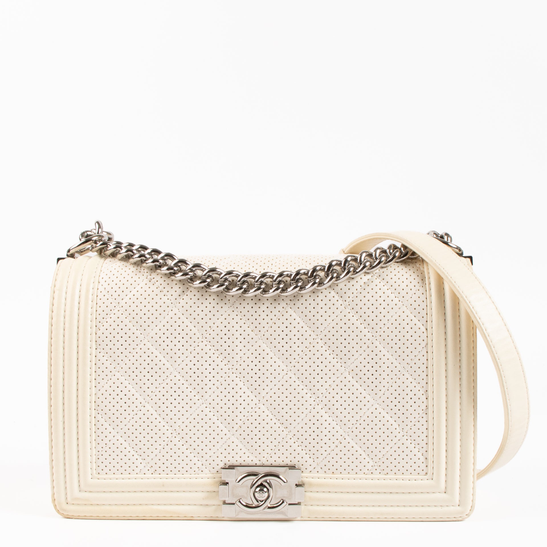 Chanel White Perforated Large Boy Chanel Bag