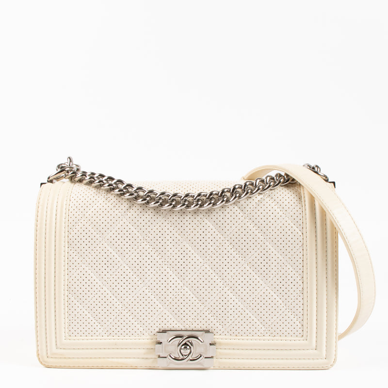 Chanel White Perforated Large Boy Chanel Bag