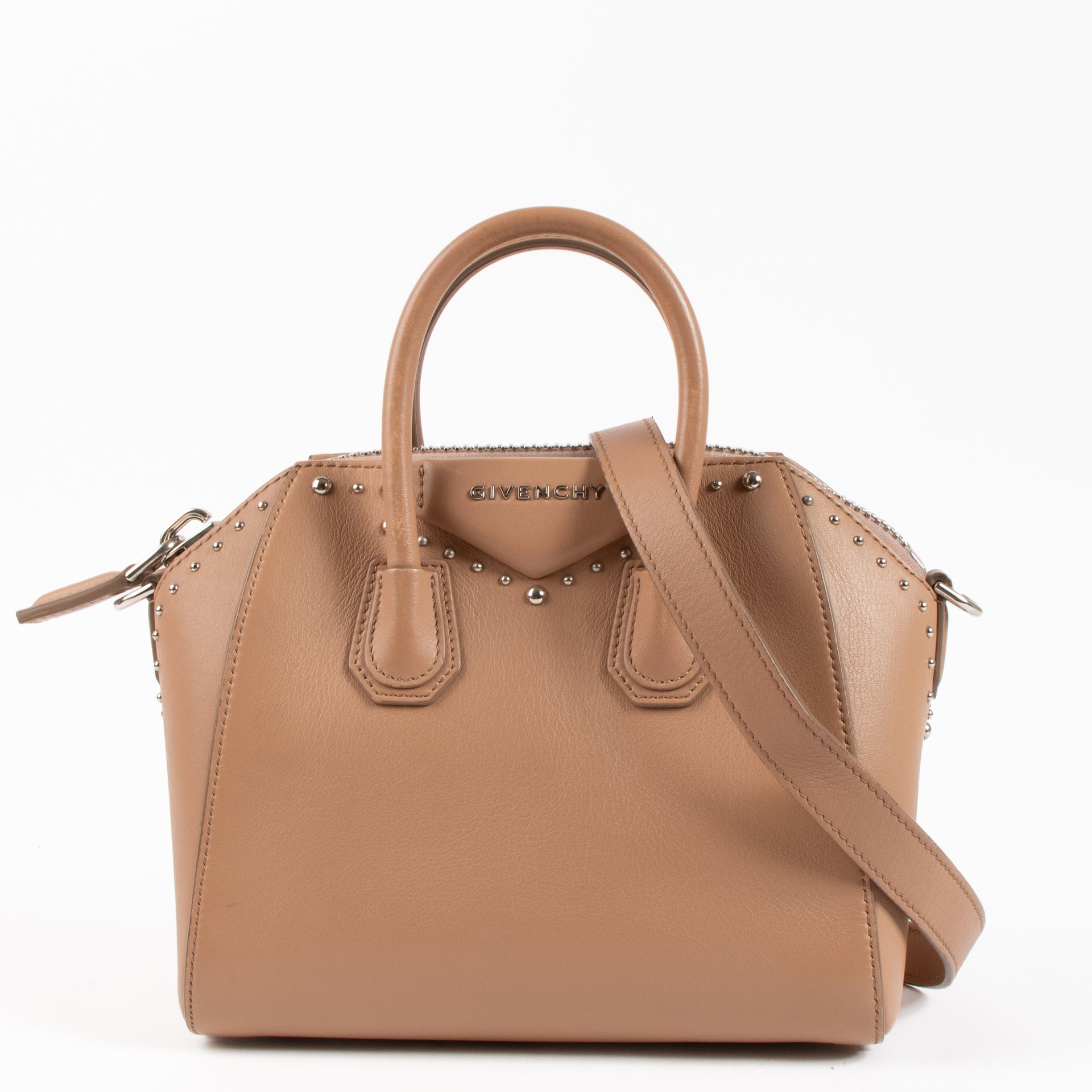 Shop the authentic Givenchy Beige Leather Studded Antigona Mini Bag on Labellov.com !