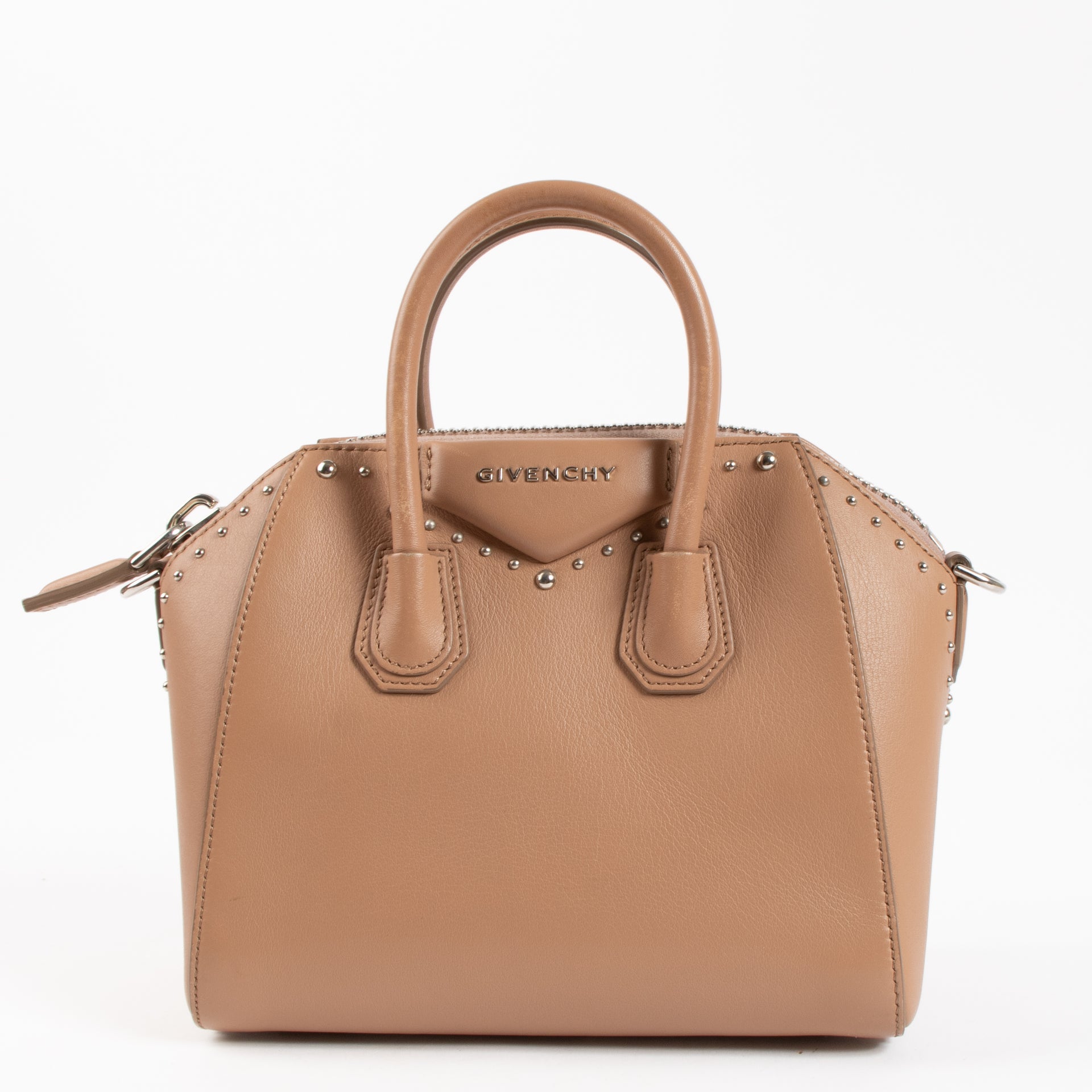 Shop the authentic Givenchy Beige Leather Studded Antigona Mini Bag on Labellov.com !