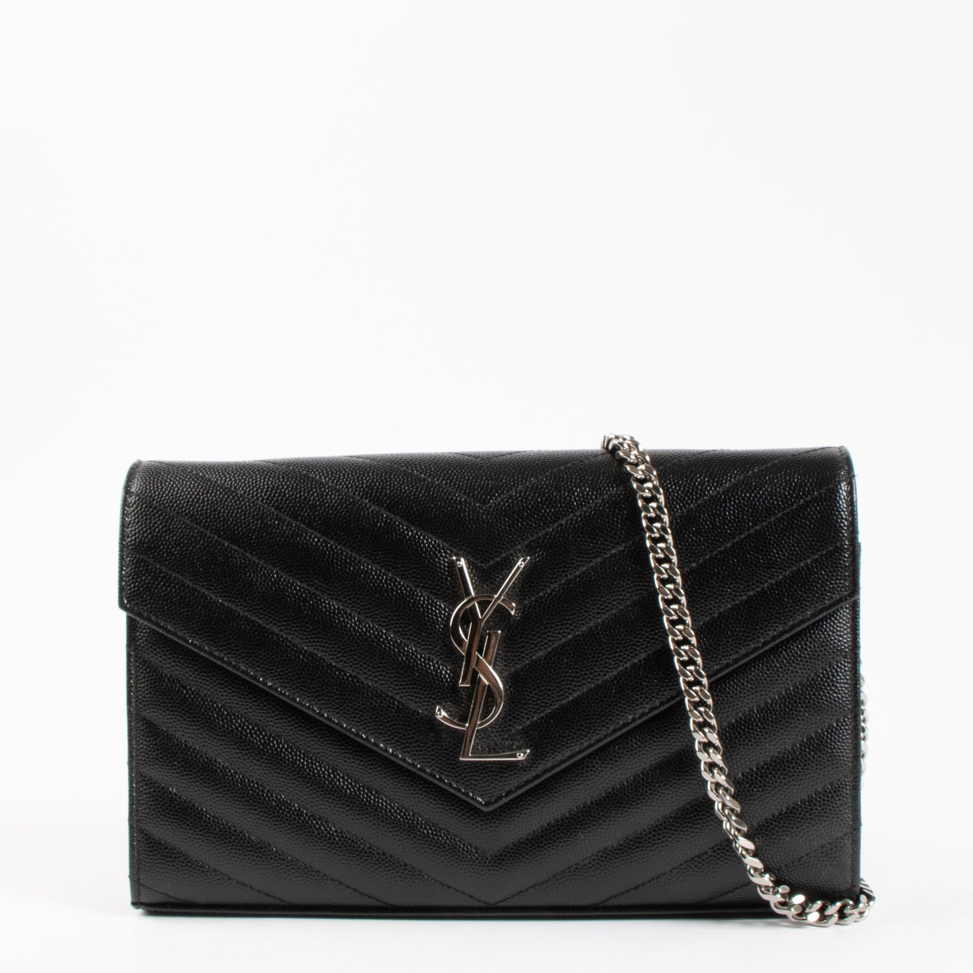 Shop the authentic Saint Laurent Black Leather Cassandre Classic Chain Wallet on Labellov.com !
