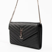 Shop the authentic Saint Laurent Black Leather Cassandre Classic Chain Wallet on Labellov.com !