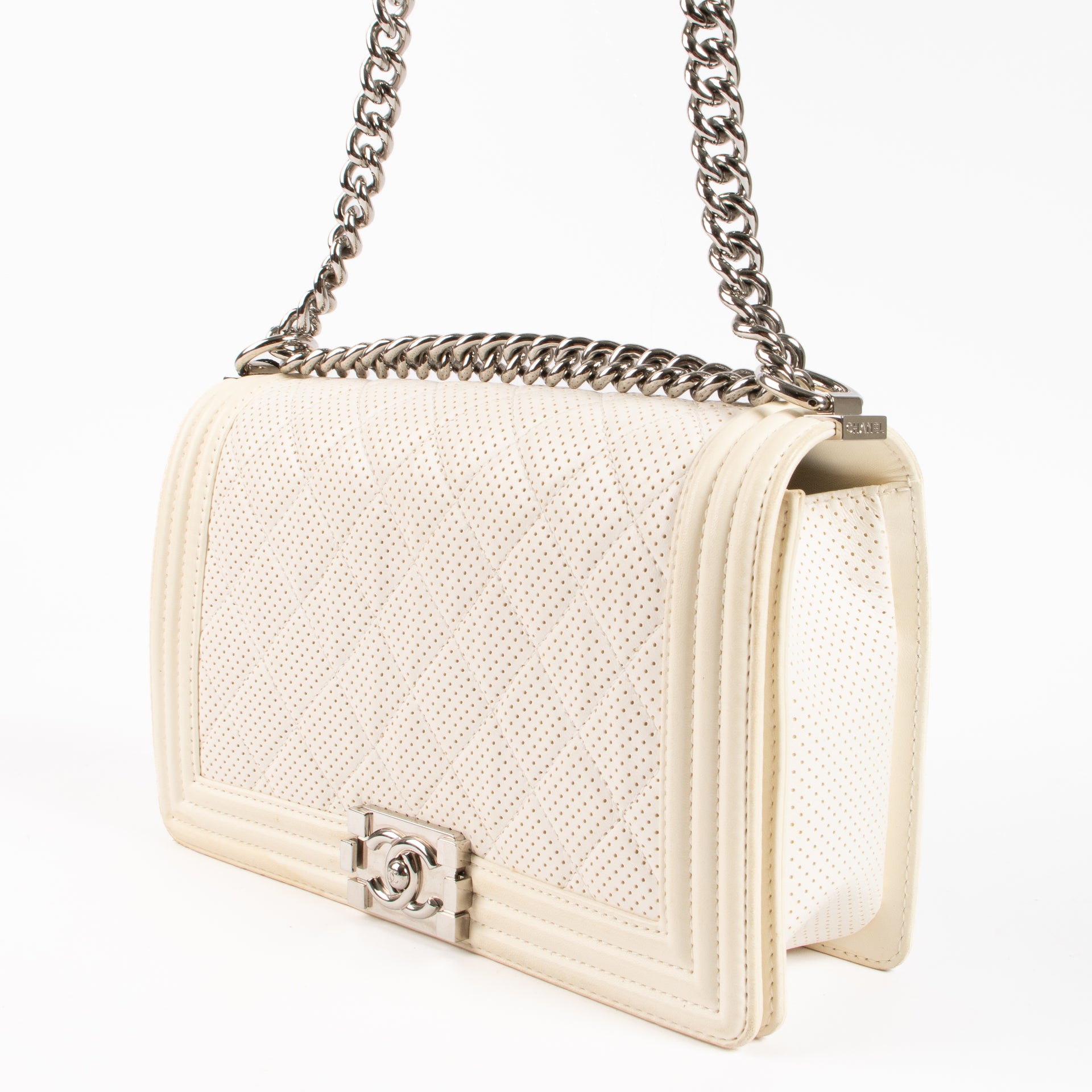 Chanel White Perforated Large Boy Chanel Bag